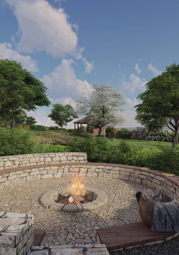 Ohniště s posezením v zahradě